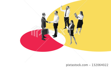 Surreal collage art. Team celebrating business deal with handshake over red and yellow circles 132064022