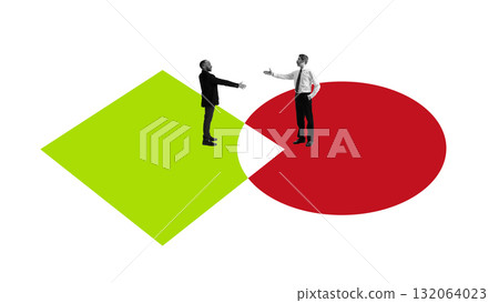 Collage art. Businessmen shaking hands across abstract red and green shapes symbolizing agreement 132064023
