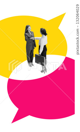 Colorful collage. Businesswomen shaking hands on overlapping speech bubbles symbolizing dialogue and trust 132064029