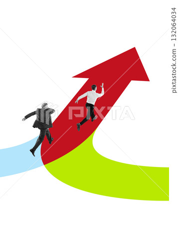 Bold colorful poster. Businessmen running upward along colorful arrows symbolizing progress and ambition Bold colorful poster. Businessmen running upward along colorful arrows symbolizing progress and ambition 132064034