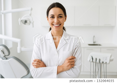 Female dentist smiling, holding dental tools in modern clinic, looking confident in white lab coat. 132064035