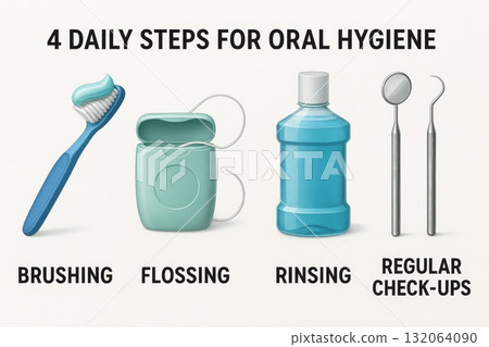 Illustration of four daily oral hygiene steps with toothbrush floss mouthwash and dental tools on white background. 132064090