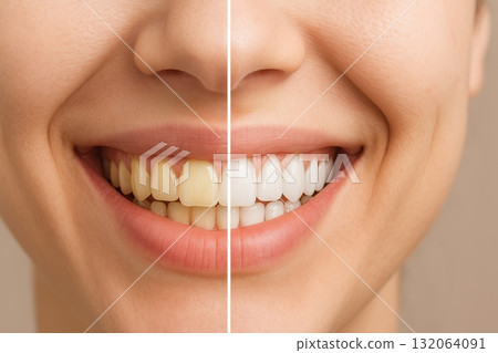 Teeth whitening before and after treatment showing healthy, bright smile with improved dental aesthetics. 132064091