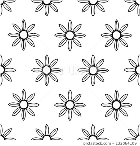 Monochrome floral pattern featuring simple daisy-like flowers on a white background Monochrome floral pattern featuring simple daisy-like flowers on a white background 132064109