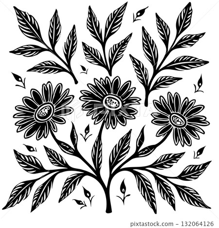 Elegant Botanical Illustration of Flowers and Leaves in a Monochrome Palette 132064126