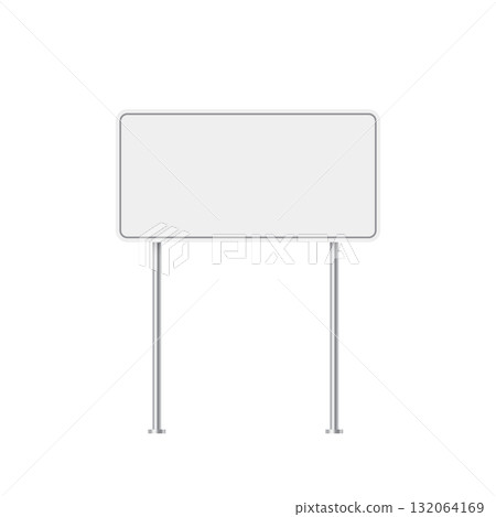 Road traffic white sign on metal pole vector illustration. 3d realistic blank street signboard. Isolated empty roadside signpost to notice information, danger, guide 132064169