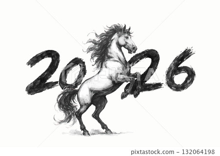 2026 Year of the Horse Chinese New Year ink brush calligraphy poster 132064198