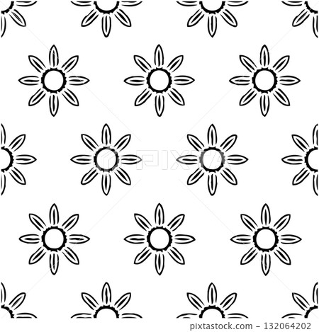 Elegant botanical pattern of symmetrical black flowers on a white background 132064202