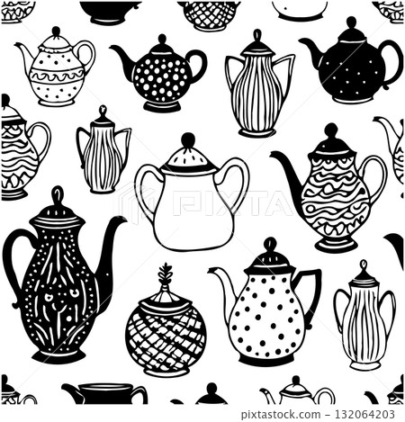 Elegant Teapot Collection: Seamless Pattern Design with Intricate Details and Vintage Charm 132064203