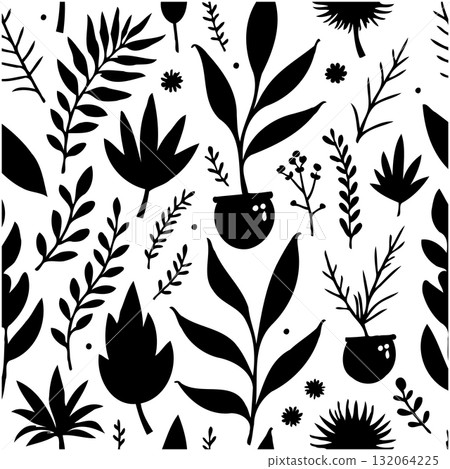 Minimalist black and white plant pattern for versatile design applications and backgrounds 132064225