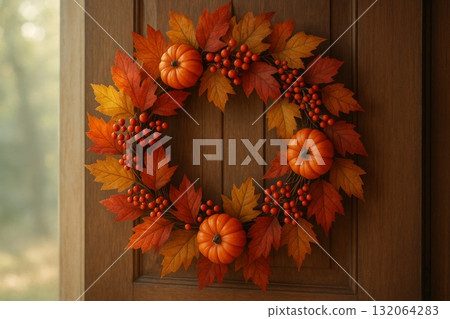 Autumn wreath with pumpkins, colorful leaves, and red berries on wooden door, perfect for seasonal decoration. 132064283