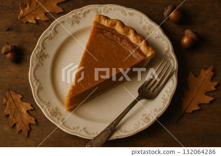 Slice of pumpkin pie on vintage plate, surrounded by autumn leaves and acorns, cozy fall dessert. 132064286