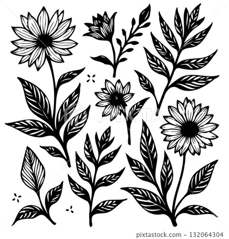 Elegant botanical sketches: Vintage floral vector illustrations with delicate detailing Elegant botanical sketches: Vintage floral vector illustrations with delicate detailing 132064304