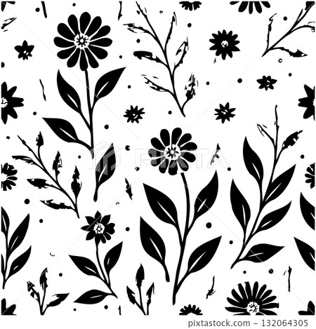 Elegant Floral Pattern with Black and White Botanical Elements for Textile Design Elegant Floral Pattern with Black and White Botanical Elements for Textile Design 132064305