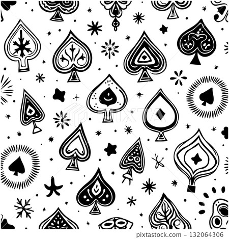 Whimsical Playing Card Suits: A Black and White Pattern for Games and Designs Whimsical Playing Card Suits: A Black and White Pattern for Games and Designs 132064306