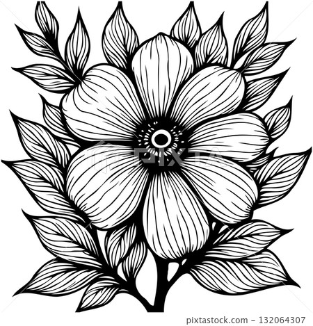 Elegant black and white floral illustration with detailed petal and leaf designs Elegant black and white floral illustration with detailed petal and leaf designs 132064307