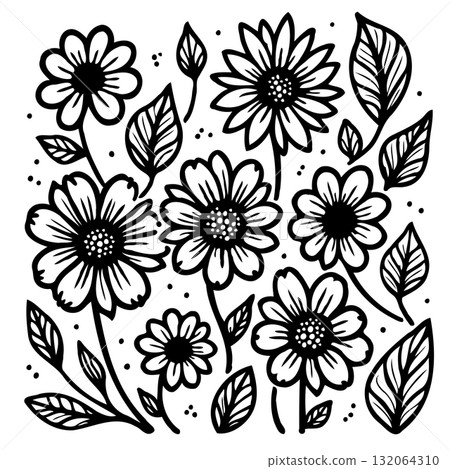 Elegant floral arrangement in black and white for digital design and decoration 132064310