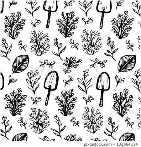 Elegant hand-drawn garden tools and foliage seamless pattern for versatile backgrounds Elegant hand-drawn garden tools and foliage seamless pattern for versatile backgrounds 132064314