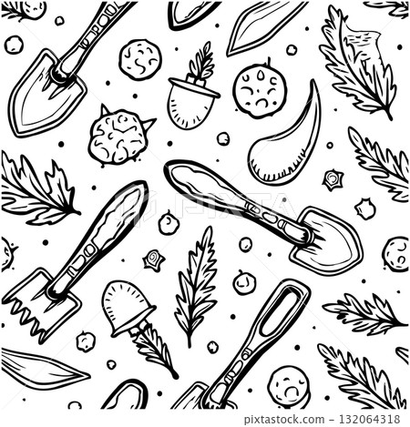Seamless gardening doodle pattern, hand-drawn tools and plants for botanical background 132064318
