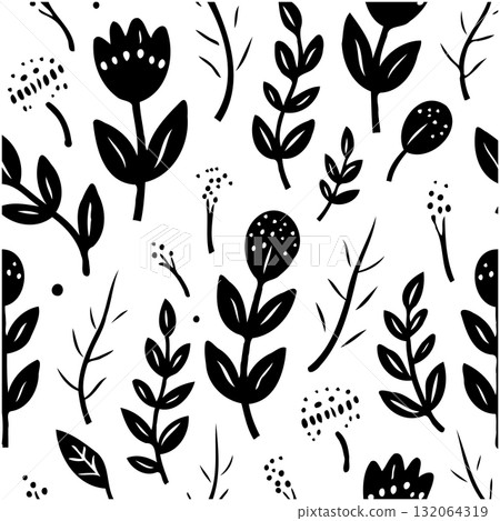 Black and White Floral Vector Pattern with Decorative Flowers and Leaves 132064319