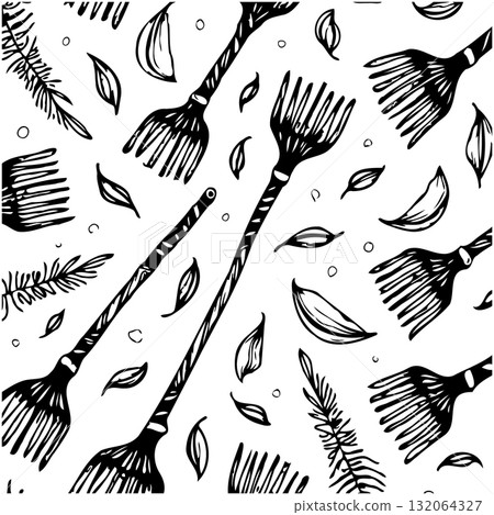 Whimsical black and white seamless pattern featuring garden rakes and leaves Whimsical black and white seamless pattern featuring garden rakes and leaves 132064327