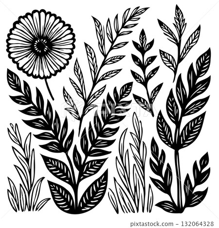 Elegant botanical illustration featuring a variety of floral and leaf elements in black Elegant botanical illustration featuring a variety of floral and leaf elements in black 132064328