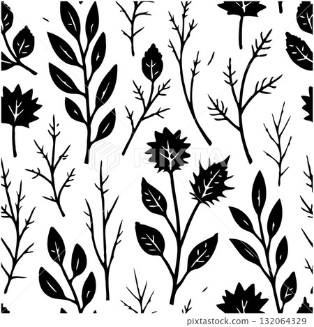 Seamless botanical vector pattern featuring minimalistic black leaves and branches design Seamless botanical vector pattern featuring minimalistic black leaves and branches design 132064329