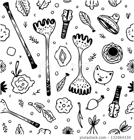 Hand-Drawn Whimsical Black and White Pattern with Flowers and Various Objects Hand-Drawn Whimsical Black and White Pattern with Flowers and Various Objects 132064330