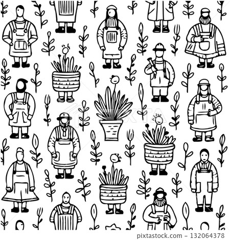 Hand-Drawn Gardeners and Potted Plants Pattern for Garden-Themed Projects Hand-Drawn Gardeners and Potted Plants Pattern for Garden-Themed Projects 132064378