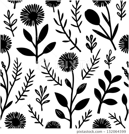 Seamless floral pattern with various stylized plants and flowers on white background Seamless floral pattern with various stylized plants and flowers on white background 132064399