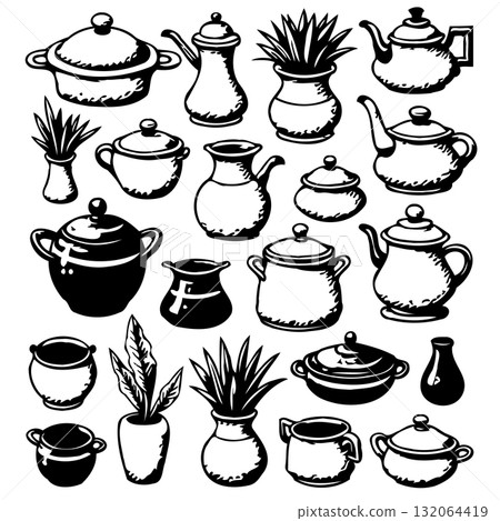 Collection of Hand-Drawn Kitchenware and Home Decor Illustrations on White Background 132064419