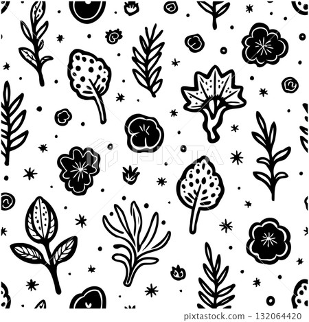 Elegant botanical black and white seamless pattern with floral elements design 132064420