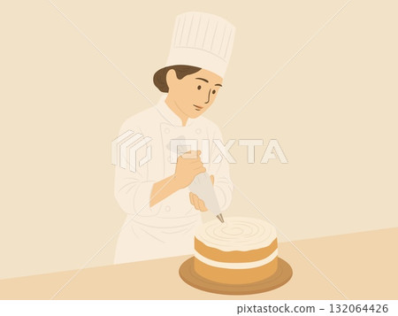Illustration of a female chef wearing a chef's coat making a cake, pastry chef Illustration of a female chef wearing a chef's coat making a cake, pastry chef 132064426