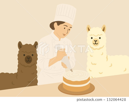 An illustration of a female chef wearing a chef's coat making a cake while being watched by an alpaca, pastry chef 132064428