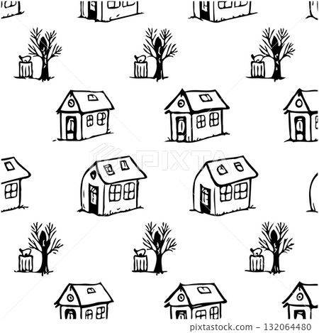 Hand-drawn neighborhood pattern featuring houses, trees, and waste bins in black and white Hand-drawn neighborhood pattern featuring houses, trees, and waste bins in black and white 132064480