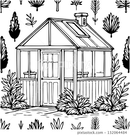 Detailed black and white vector illustration of a greenhouse amidst plants 132064484