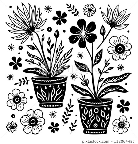 Elegant floral designs in pots, botanical illustration with intricate details 132064485