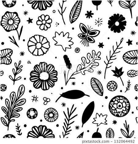 Botanical Elegance: A Black and White Seamless Floral Pattern Design Featuring Nature's Charm 132064492