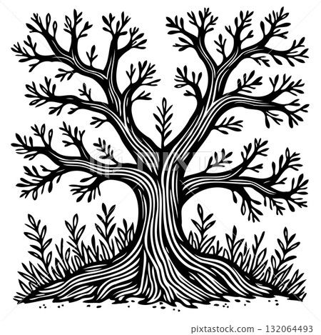 Detailed Black and White Tree Illustration with Artistic Linework, Perfect for Design 132064493