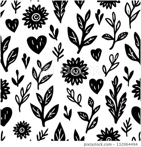 Floral seamless pattern with hand drawn elements, modern black and white design Floral seamless pattern with hand drawn elements, modern black and white design 132064494
