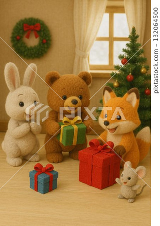 Animals enjoying Christmas presents 132064500