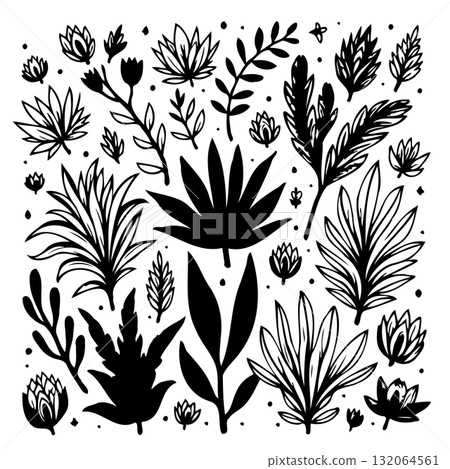 Elegant Tropical Botanical Vector Illustration with Exquisite Foliage Patterns 132064561
