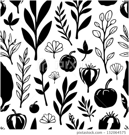 Elegant Black and White Botanical Pattern with Leaves and Berries Illustration 132064575