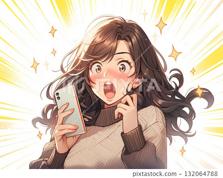 A young woman who is very surprised and blushing when looking at her smartphone A young woman who is very surprised and blushing when looking at her smartphone 132064788