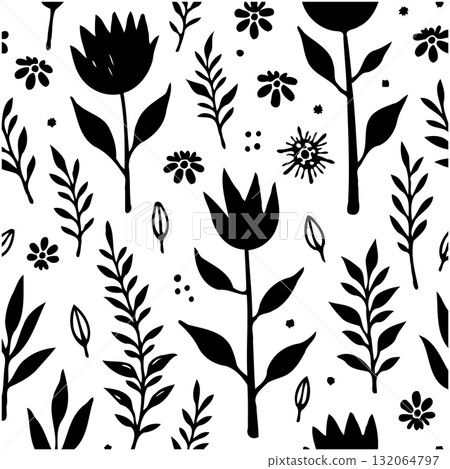 Elegant monochrome botanical pattern featuring stylized floral and leaf illustrations Elegant monochrome botanical pattern featuring stylized floral and leaf illustrations 132064797