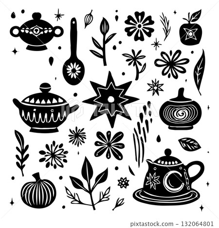 Whimsical Black and White Vector Illustration with Decorative Floral and Kitchen Elements Whimsical Black and White Vector Illustration with Decorative Floral and Kitchen Elements 132064801