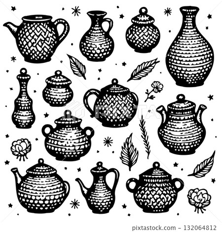 Collection of Decorative Teapots and Vases in Black and White Vector Illustration 132064812