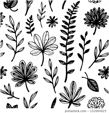 Elegant Seamless Pattern: Hand-Drawn Floral and Botanical Elements in Black and White 132064825