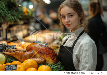 Young woman is holding large turkey and near basket of oranges 132065153