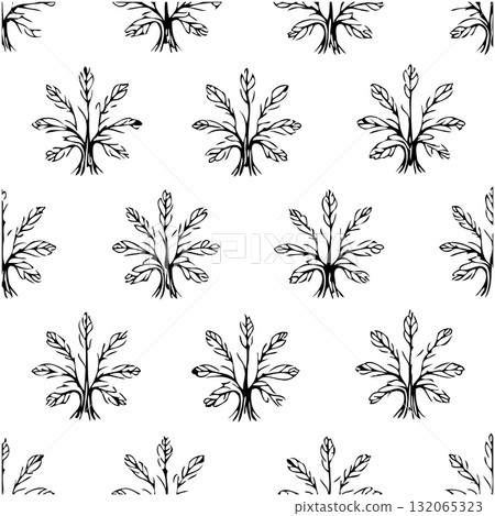 Botanical Black and White Illustration of Assorted Plants and Floral Elements 132065323